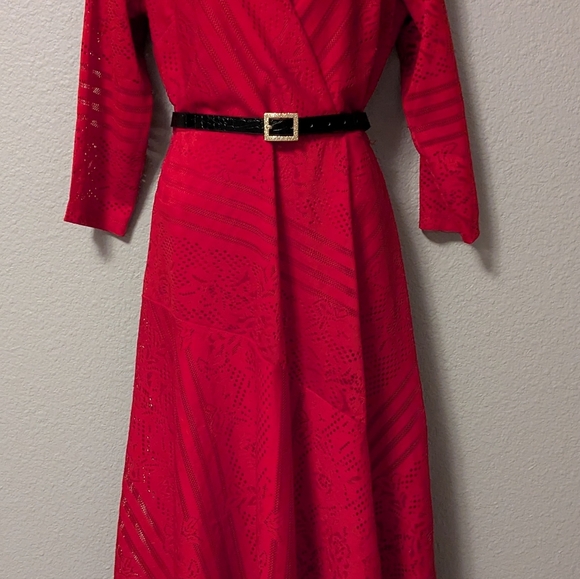 Danny & Nicole Ruby Red 3/4 Sleeve Dress Striped Floral Lace Midi Sz. 10 - Picture 12 of 16